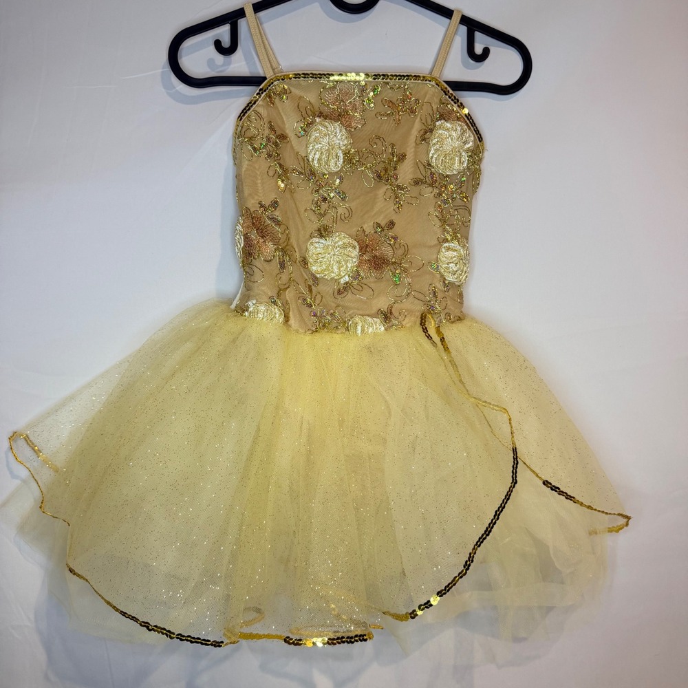La Petite Ballerina Gold Sequin Floral Tutu Dance Costume LC Kids Large Child